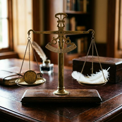 Vintage brass balance scale with coins on dark desk