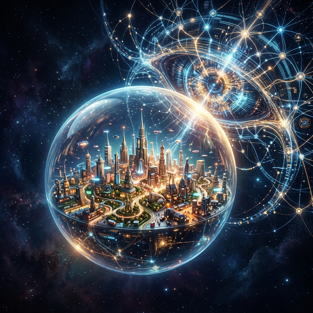 A translucent figure of text reading a glowing globe of the human world from outside