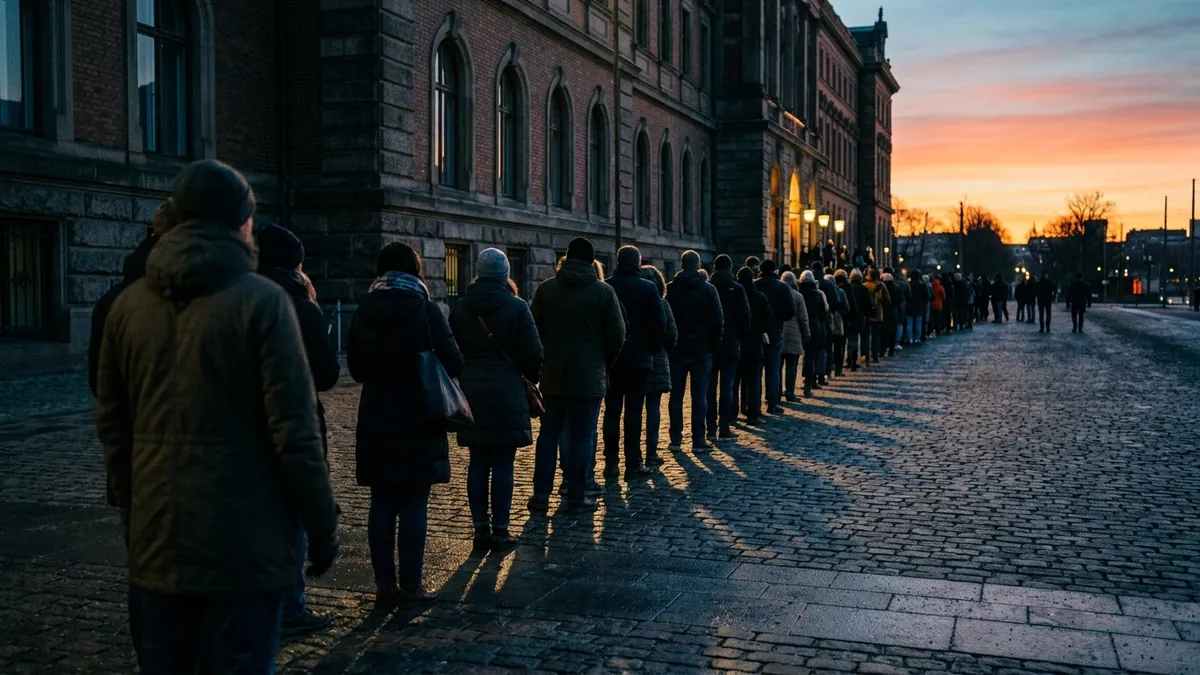 A queue of people at dawn outside an official building, seen from behind