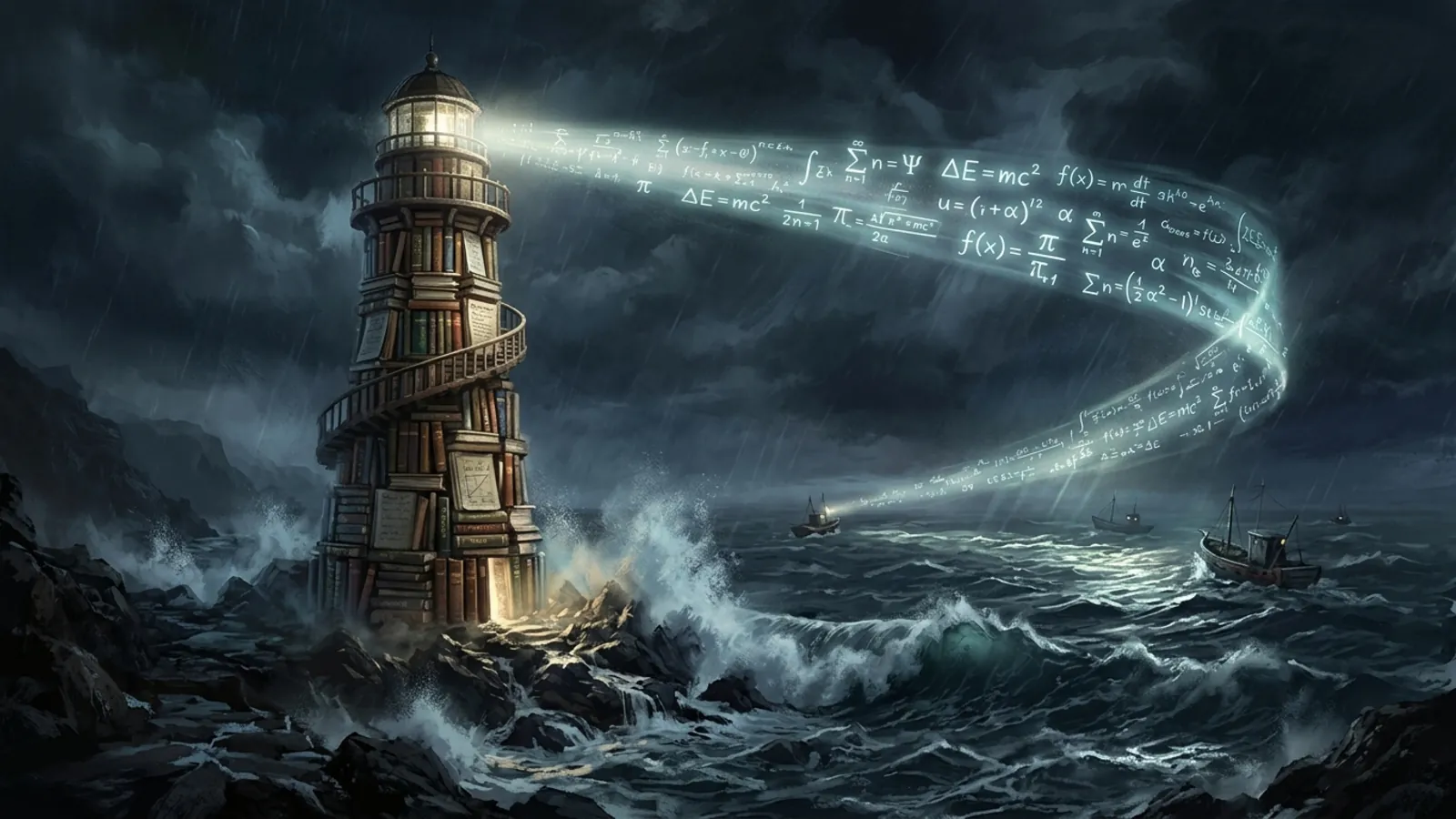A lighthouse built of books casting a beam of equations across a storm-lit sea