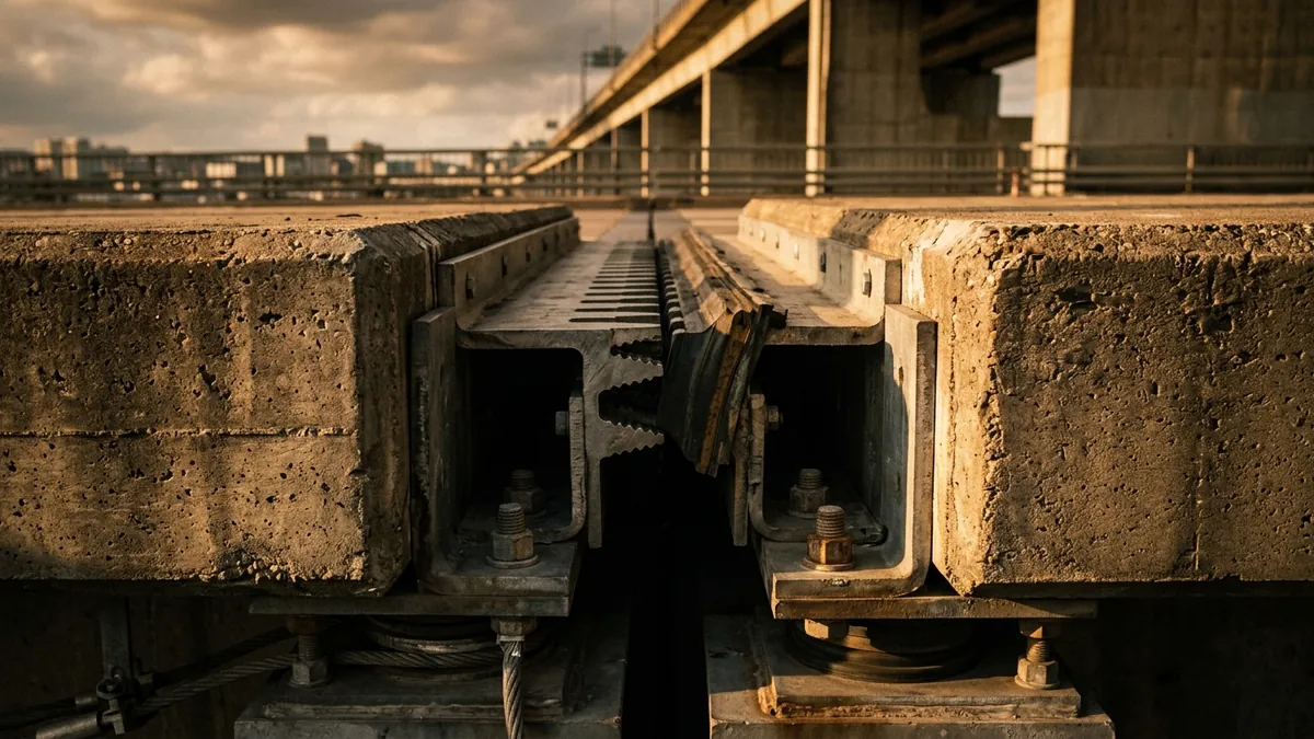A bridge expansion joint photographed close, the gap running through the frame