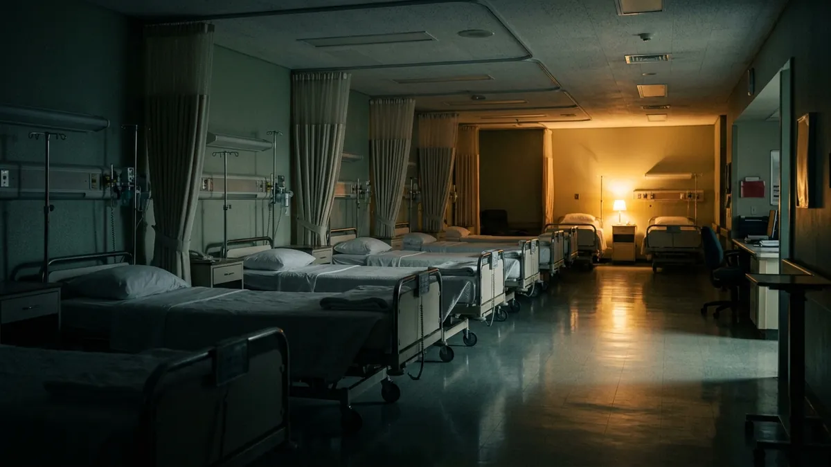 An empty hospital ward at night, beds made and unused