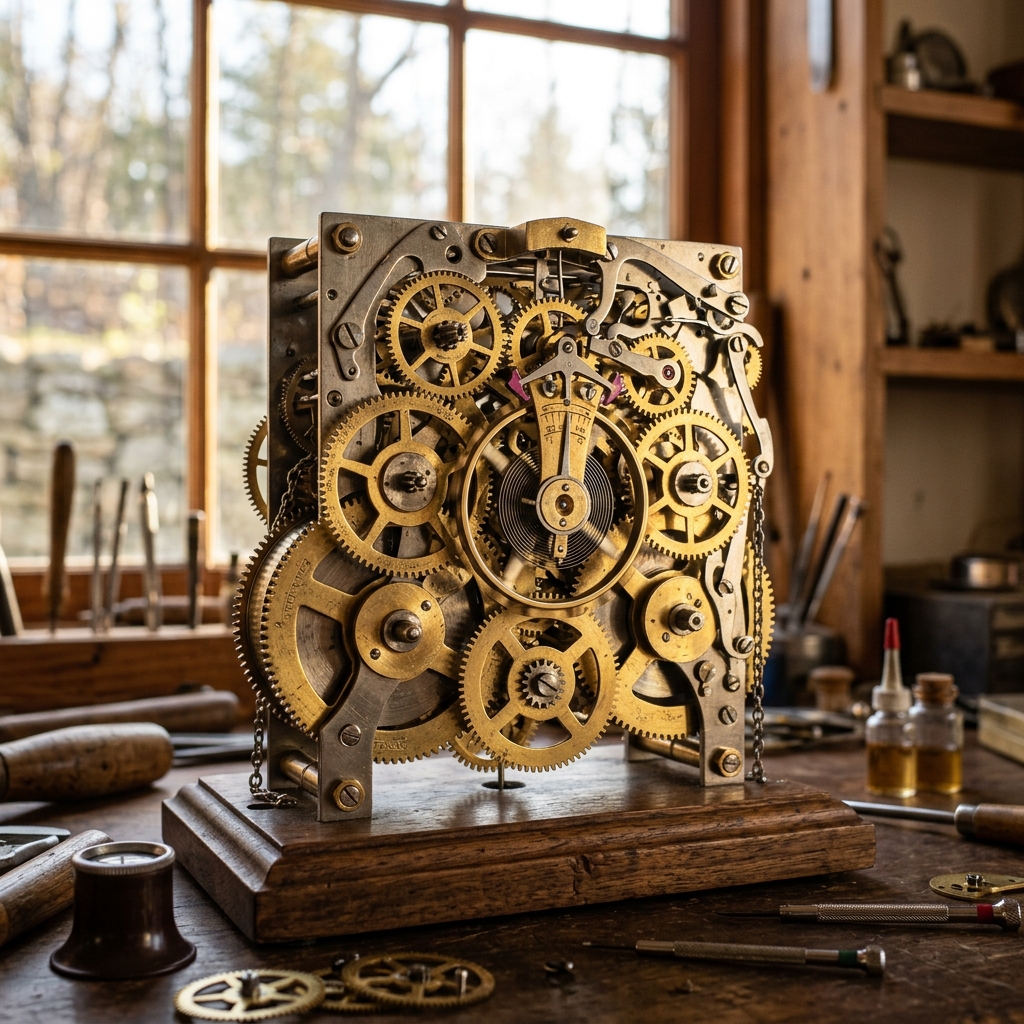 Intricate clockwork mechanism in warm workshop light