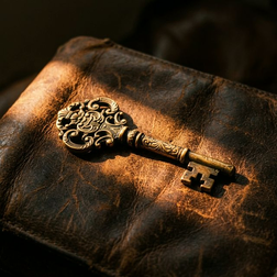 Brass skeleton key on dark worn leather surface