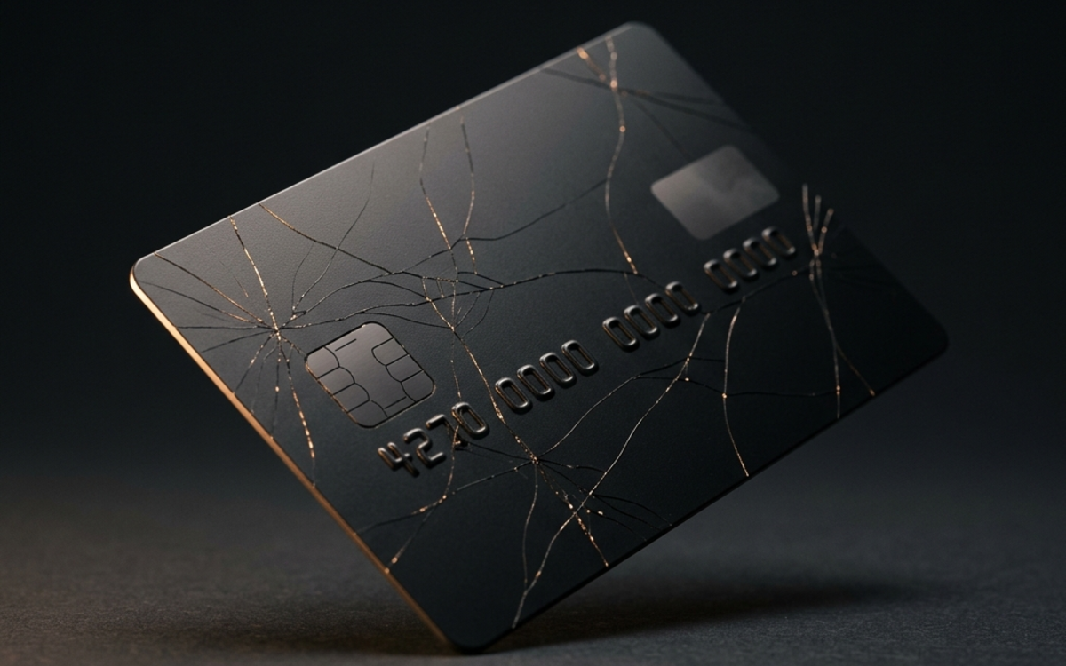 A cracked matte-black credit card - visual for debt stress