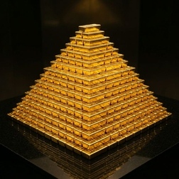 Gold bars stacked in a pyramid on dark reflective surface