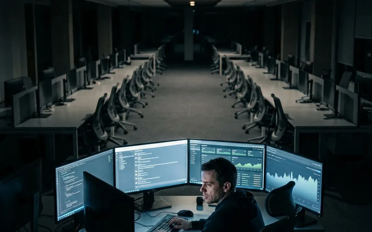 A single worker at a lit desk in a large emptied office