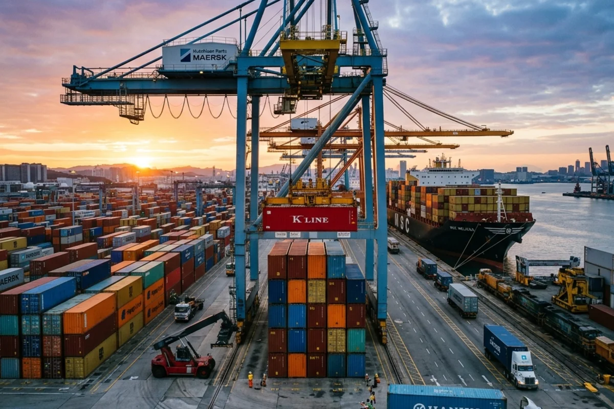 A vast container port lit at dusk with stacks of colorful containers