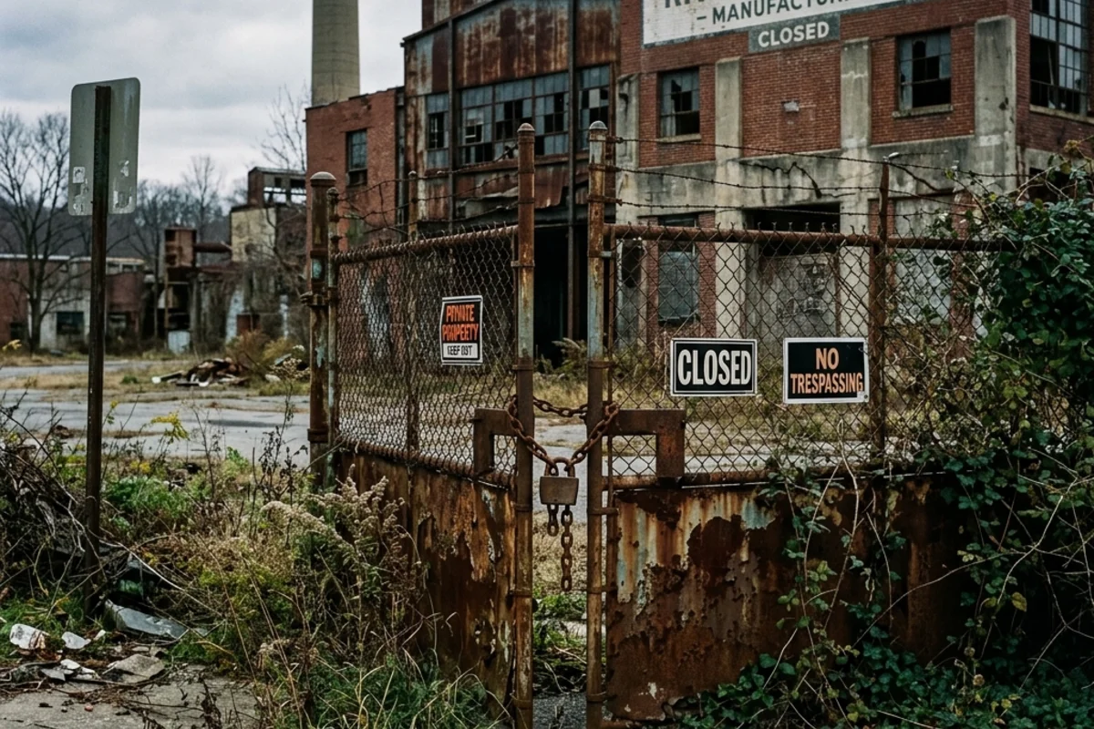 An empty factory floor with rusting machinery in dim afternoon light