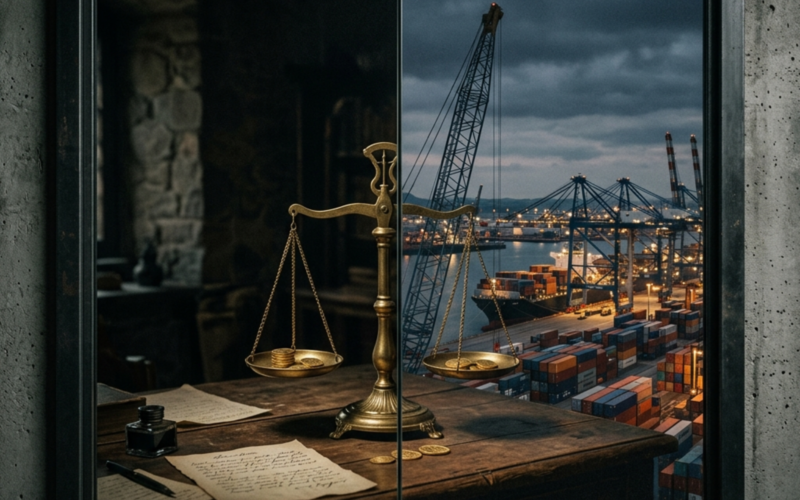 An old chest of gold coins next to a modern shipping manifest