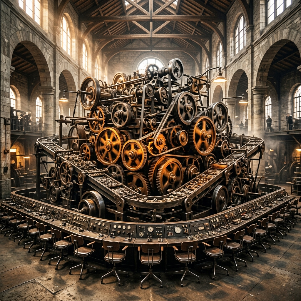 An enormous intricate machine of gears and conveyor belts running at full speed in a grand hall, with a long row of empty operator chairs in front of it
