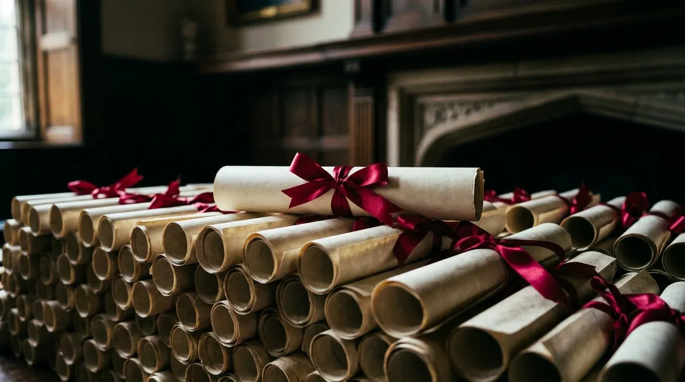 One rolled certificate on a stack of identical ones
