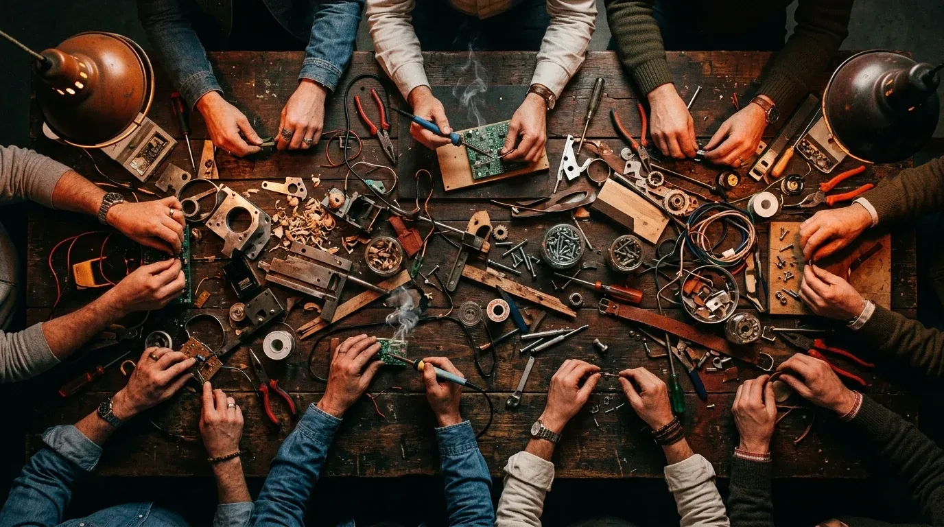 Many hands working on one shared bench
