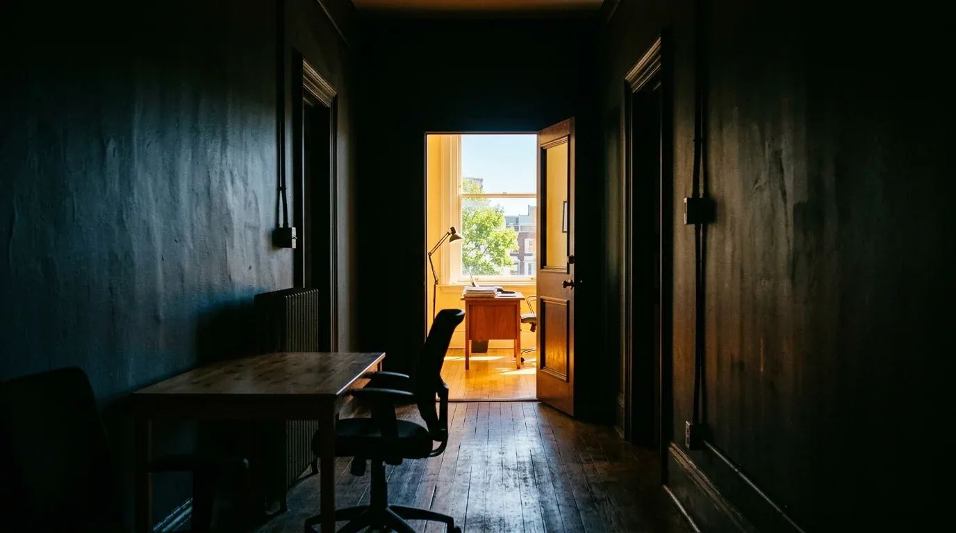 An open door at the end of a dim corridor