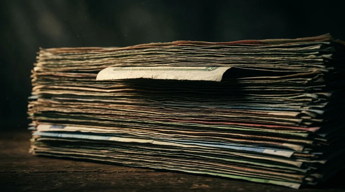A stack of notes with one band separated from the rest