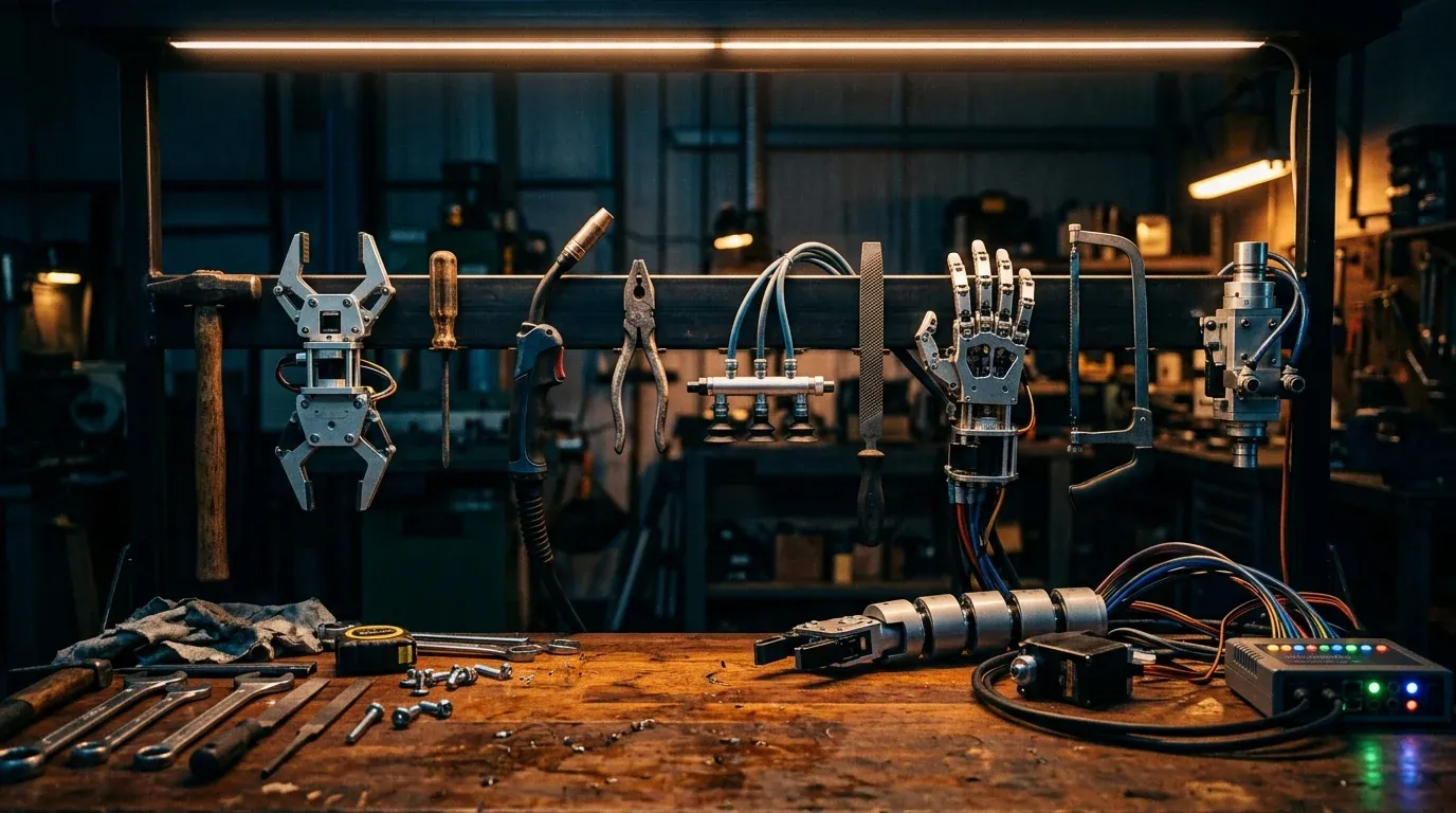 Hand tools and robotic tools racked together